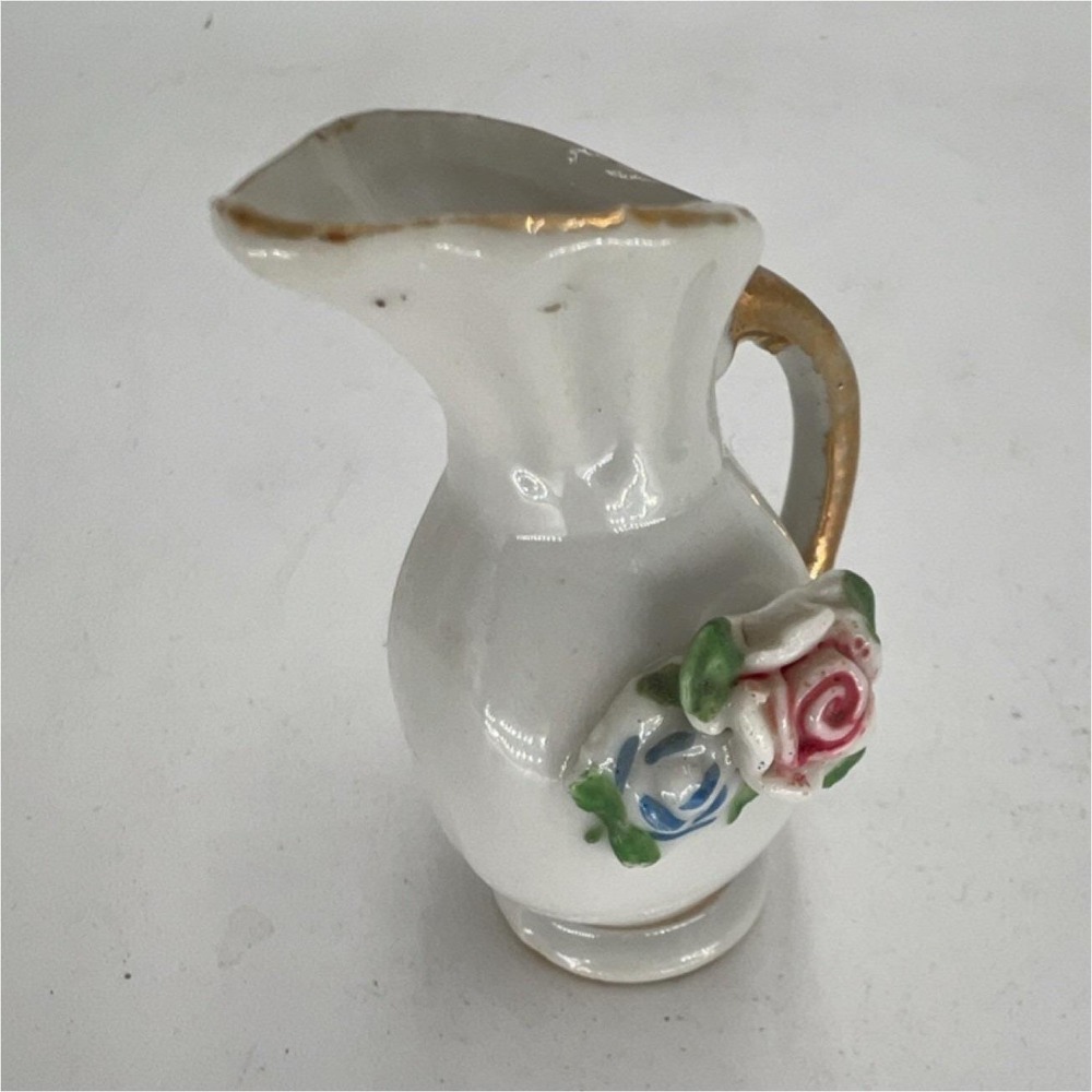 Occupied Japan Vintage Small Ceramic Floral Pitcher Gold Handle Glazed 1940s